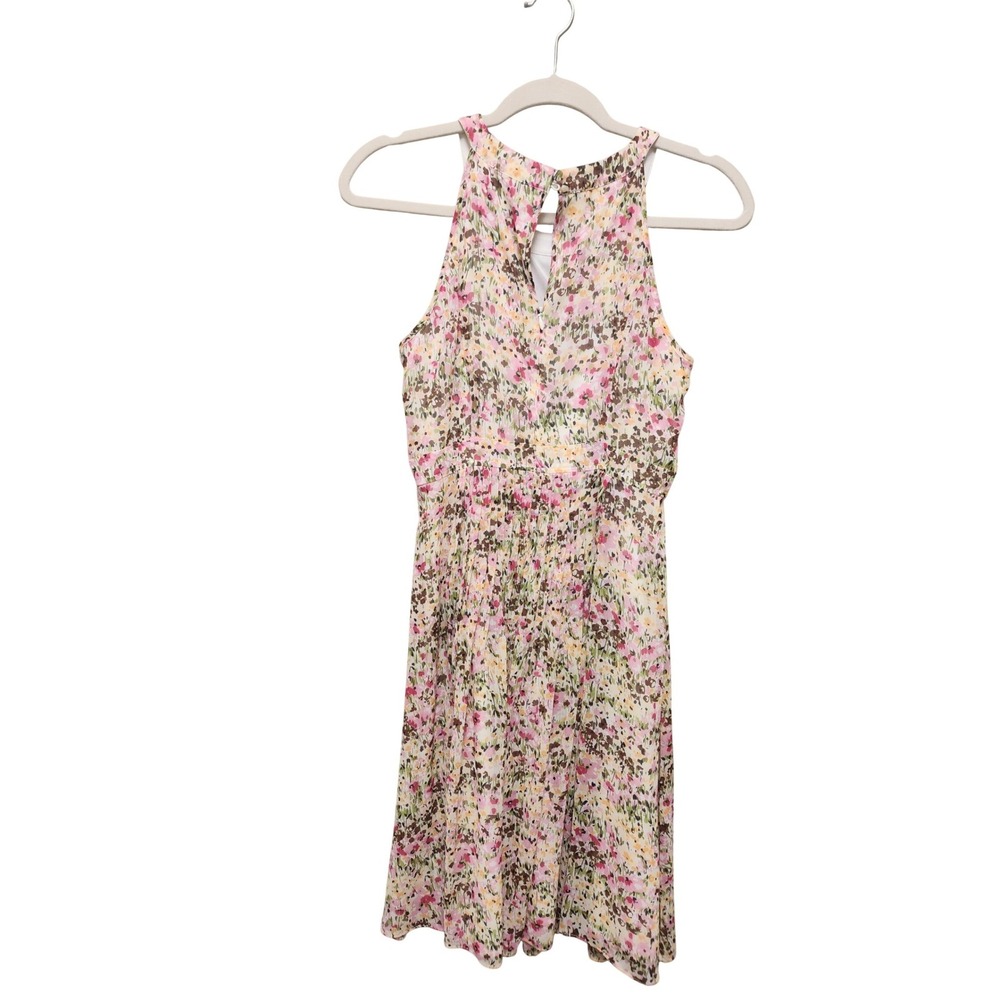 Adrianna Papell Floral Halter Pleated Dress Pink Green Petite 8P RN59782 - Picture 2 of 6